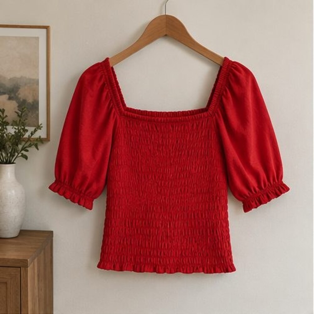 Red Smocked Puff Sleeve Top